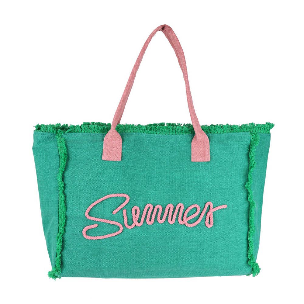 Sac fourre-tout en toile avec message SUMMER brodé et franges - Sac de plage: Vert