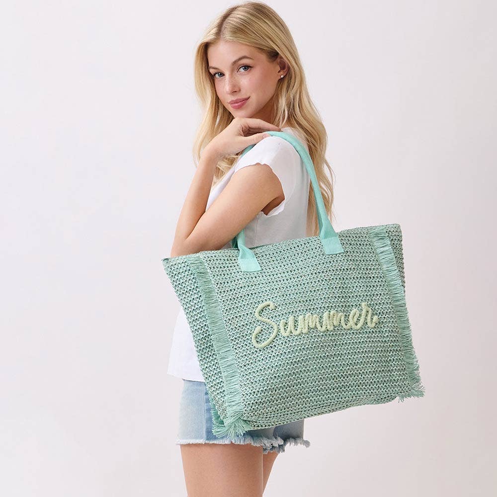 Sac à bandoulière en paille tissée avec broderie d'été et franges: Menthe