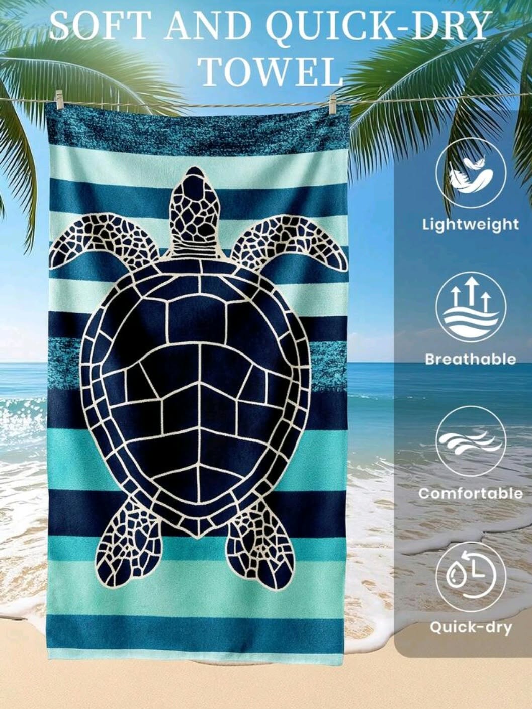 Serviette de plage tortue marine — légère et séchage rapide