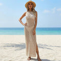 Halter-neck crochet knit long beach dress: Beige