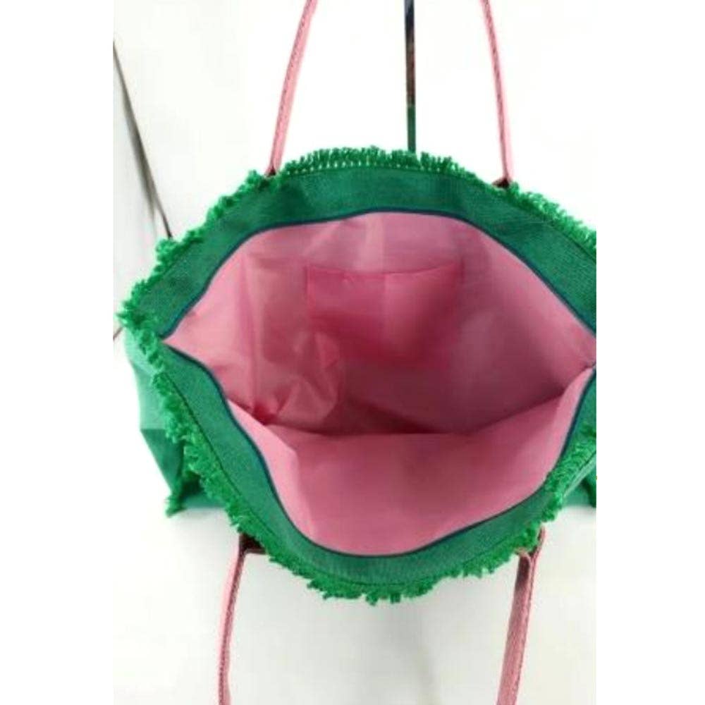Sac fourre-tout en toile avec message SUMMER brodé et franges - Sac de plage: Vert
