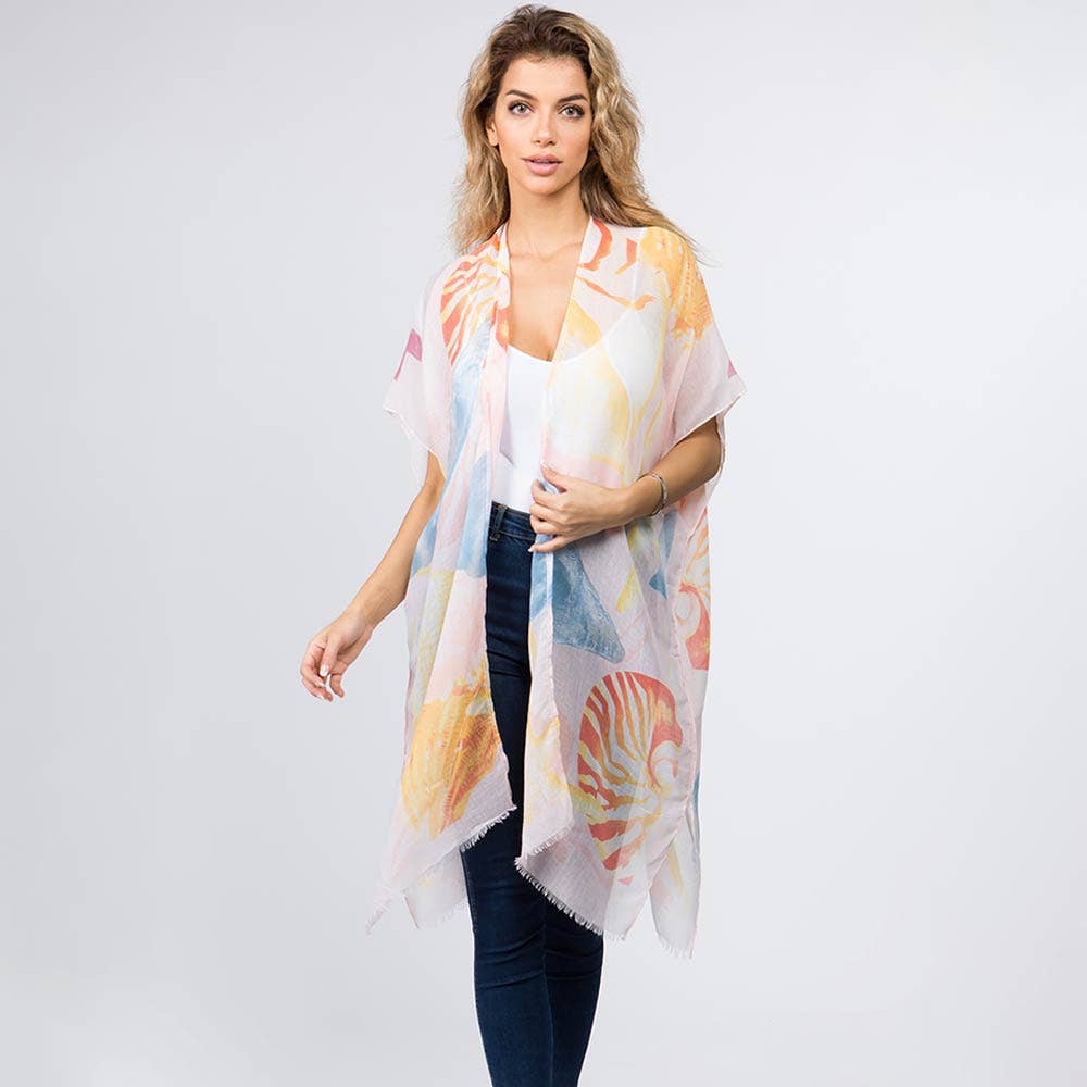 Abstract patterned sheer kimono poncho: Peach