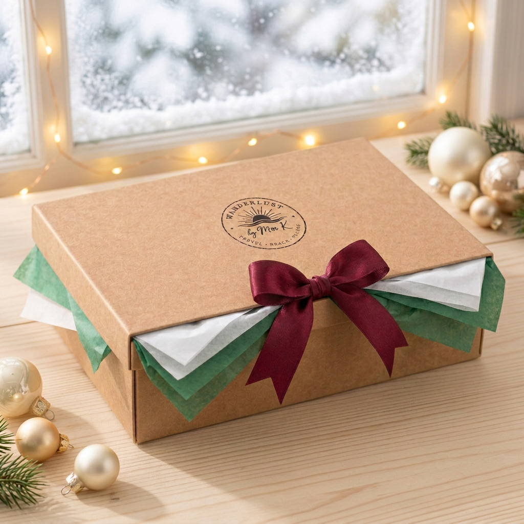 Boîte Mystère Voyage Grande version Noël, visuel illustratif avec papier de soie blanc et vert