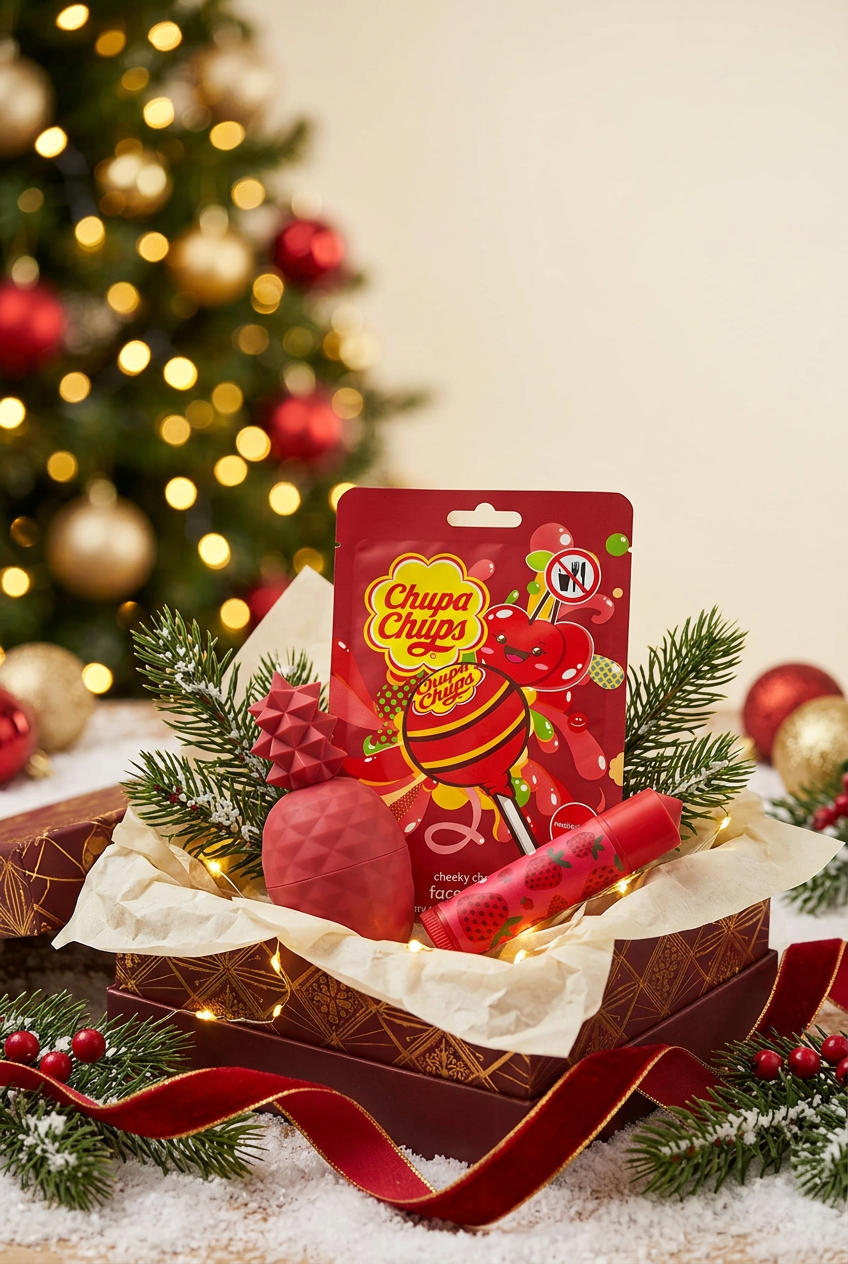 Visuel de Noël du combo duo de baumes à lèvres et masque Chupa Chups cerise