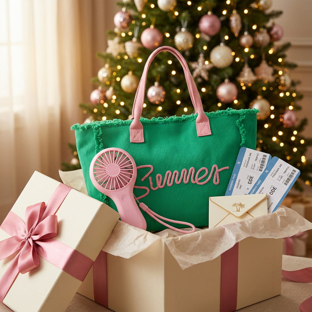 Sac SUMMER vert et rose et ventilateur rose dans un cadeau ouvert au pied d’un sapin, avec des billets d’avion décoratifs