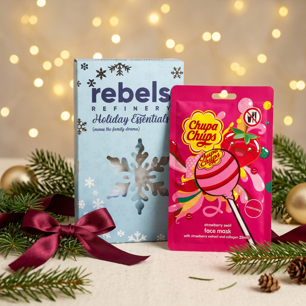 Coffret Holiday Essentials et masque Chupa Chups fraise dans un décor de Noël