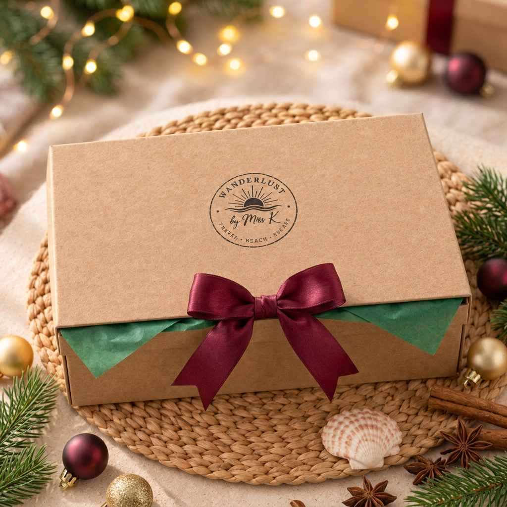 Visuel illustratif de la Boîte Mystère Voyage version Noël, boîte kraft avec papier de soie vert sapin et boucle bordeaux