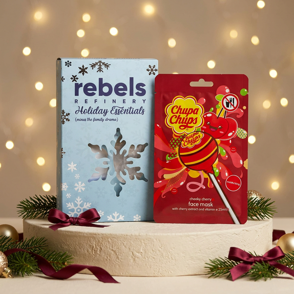 Coffret Holiday Essentials et masque Chupa Chups cerise dans un décor de Noël
